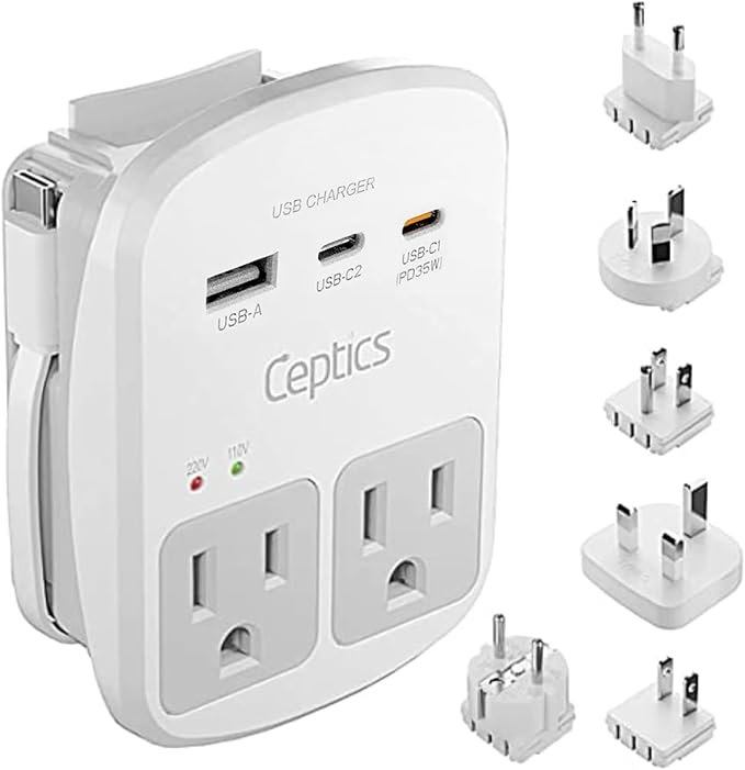 Adaptador de viaje Ceptics, de EE. UU. a Japón, Filipinas, con doble USB, tipo A, ultra compacto All in One - 2 USB + 2 US Sockets Blanco
